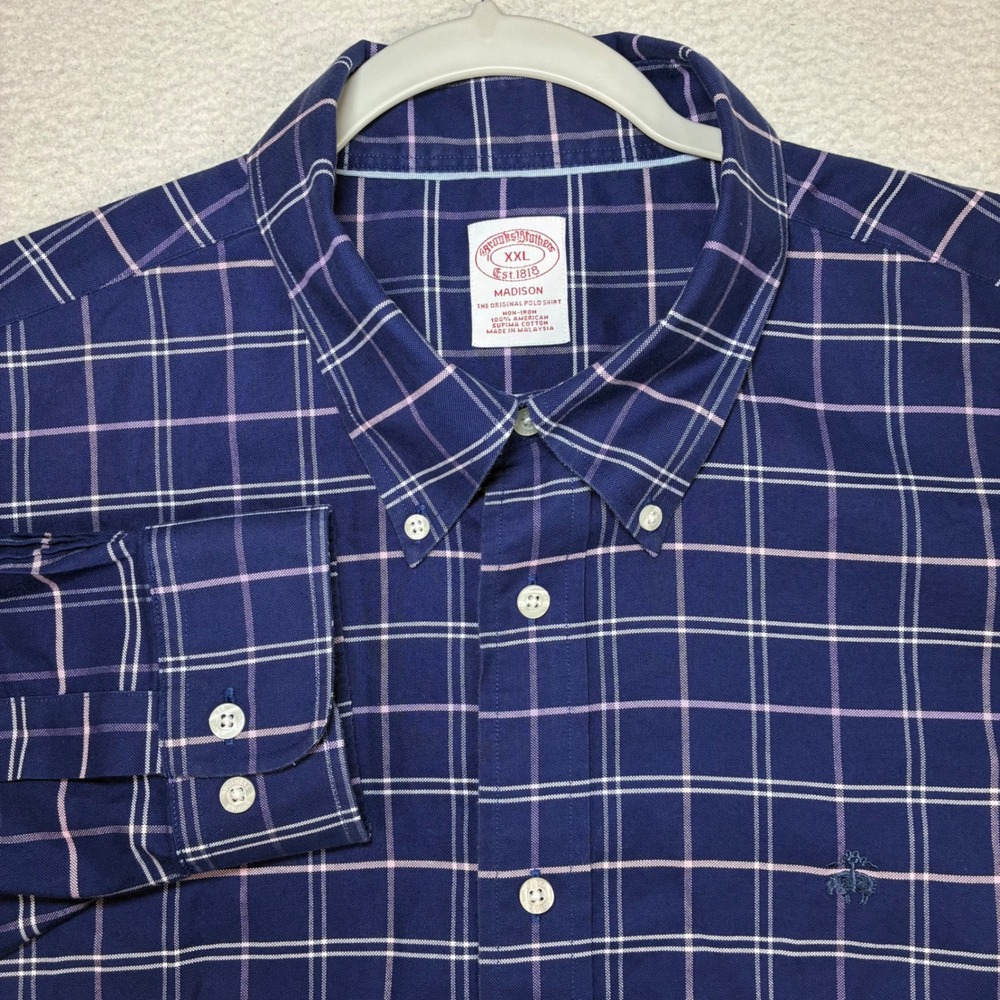 Brooks Brothers Madison Oxford Shirt Men 2XL Blue Plaid Supima OCBD Button Down